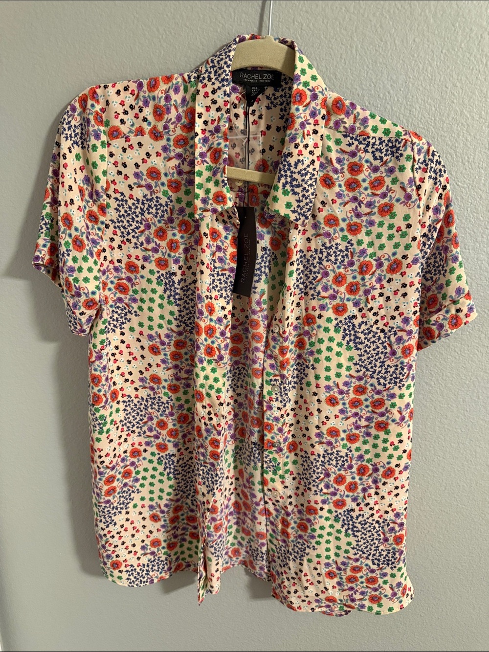 NWT Rachel Zoe Cream Floral Short Sleeve Button-Down Shirt with Colorful Print
